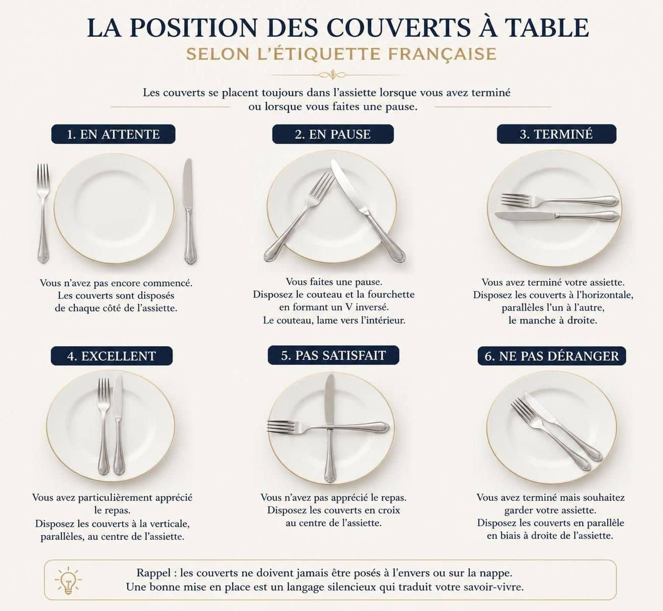découvrez les règles traditionnelles françaises pour la position des couverts en fin de repas et maîtrisez l'étiquette à la table avec élégance.