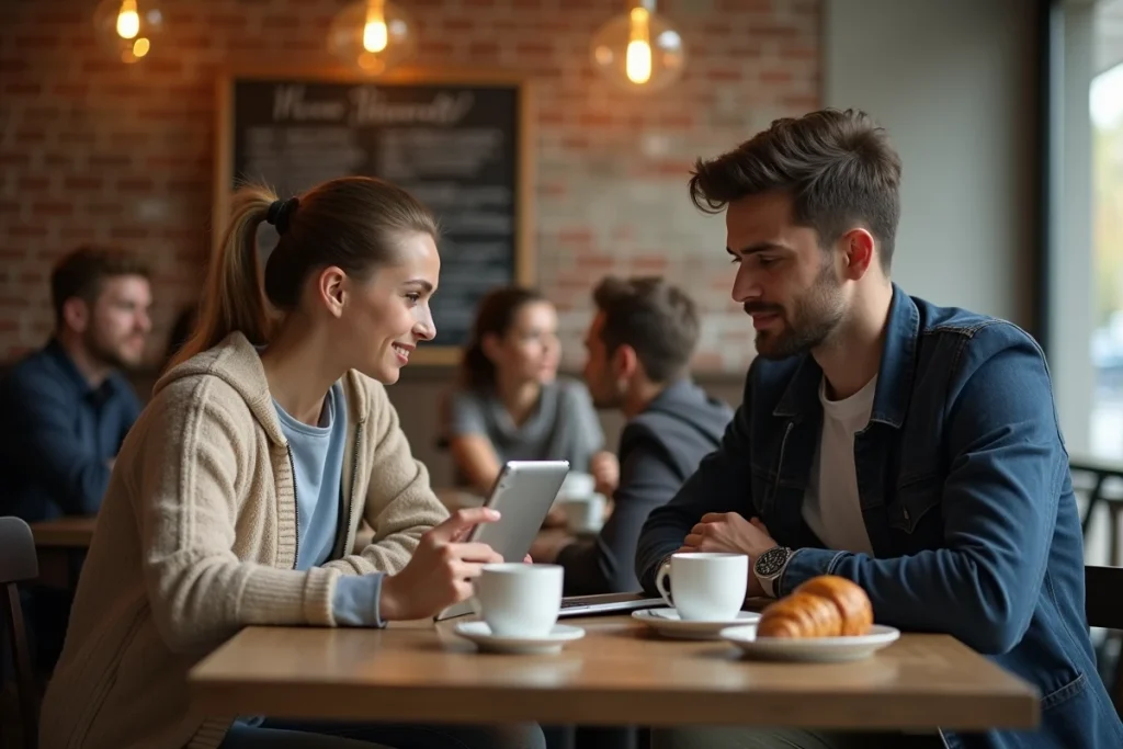 Deux personnes dans un café analysant ensemble une notification d'alerte sur une tablette pour identifier une arnaque numérique