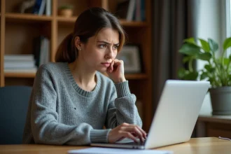 Femme inquiète regardant un e-mail suspect sur son ordinateur portable, tentant de reconnaître une arnaque en ligne