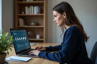 Femme débutante en cybersécurité étudiant le logiciel Dfendr sur un ordinateur portable dans un bureau à domicile moderne
