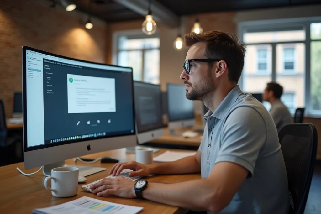 Homme adulte découvrant le logiciel de sécurité Dfendr dans un espace de coworking avec guide de démarrage rapide