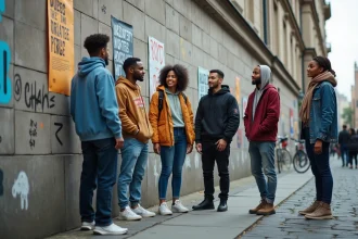 Groupe de jeunes militants antifascistes dans la rue devant un mur de graffitis et d'affiches militantes en 2026