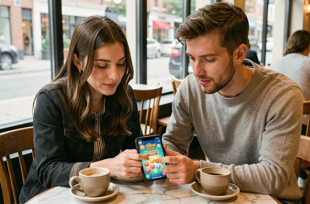 Deux amis dans un café consultant ensemble les liens Monopoly GO gratuits pour les événements spéciaux 2026 sur smartphone