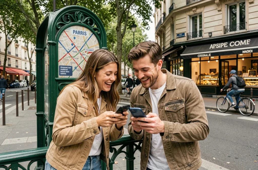 Deux amis devant l'entrée d'une station de métro parisienne consultant le plan numérique du métro sur smartphone pour planifier leurs sorties