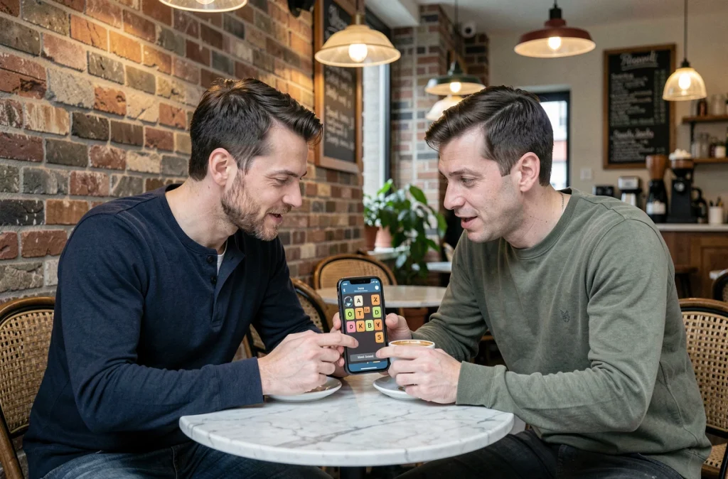 Deux amis jouant ensemble à Cemantrix sur smartphone dans un café parisien