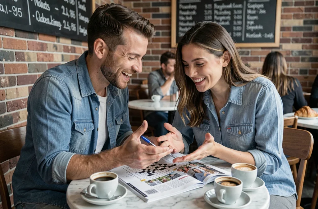 Deux amis souriants cherchant des réponses de mots fléchés ensemble dans un café