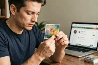 Collectionneur adulte examinant attentivement une carte Pokémon holographique rare avant de l'acheter