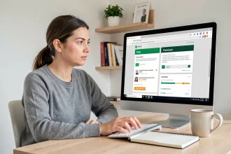 Femme comparant les offres gratuite et premium d'un service d'archivage en ligne sur son écran d'ordinateur dans un bureau à domicile