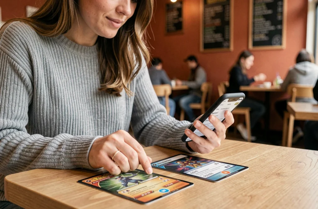 Femme comparant des cartes Pokémon et leur valeur sur une application smartphone dans un café