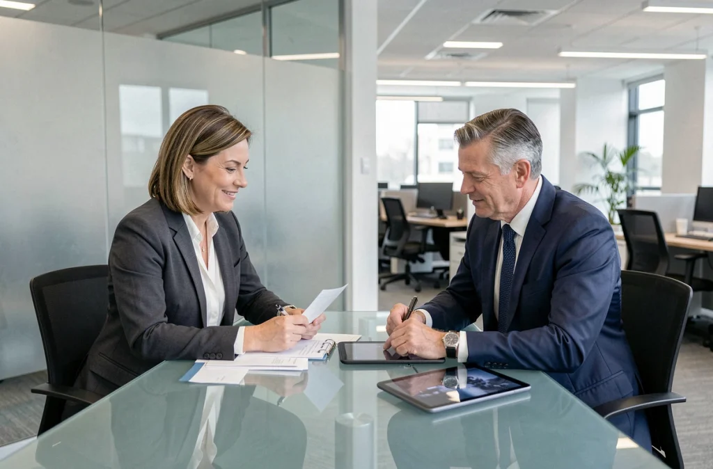 Femme en rendez-vous avec un conseiller bancaire pour souscrire une assurance emprunteur