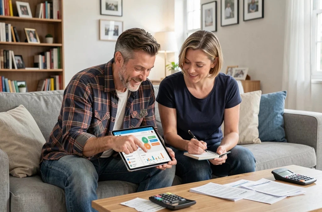 Couple gérant ensemble le budget familial avec une tablette et un carnet dans le salon