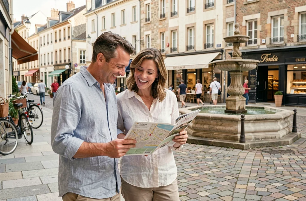 Couple consultant un guide de ville sur une place de ville de province française