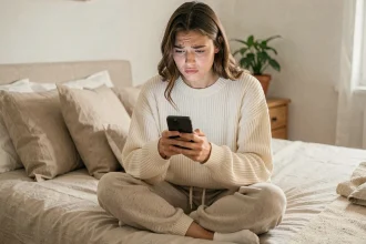 Jeune femme fatiguée regardant son smartphone dans sa chambre, illustrant la pression des réseaux sociaux et la santé mentale des créateurs de contenu
