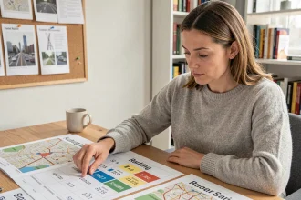Femme analysant des classements de villes sur des documents imprimés dans un bureau à domicile