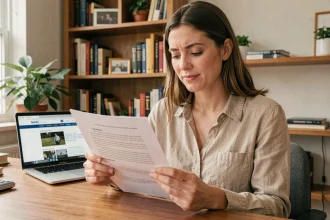 Femme consultant une attestation d'hébergement PDF imprimée à son bureau à domicile