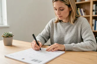 Femme écrivant dans un calendrier papier semaine paire impaire 2026 à son bureau à domicile