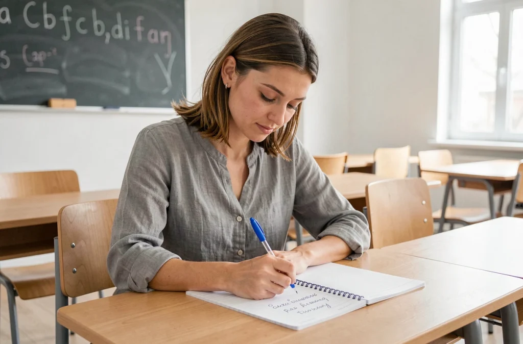 Jeune femme écrivant l'alphabet français à la main sur un cahier dans une salle de classe moderne
