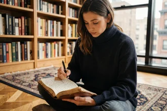 Jeune femme écrivant des rimes de poésie dans un carnet en cuir posé sur un parquet en bois, entourée de livres de slam et de poésie