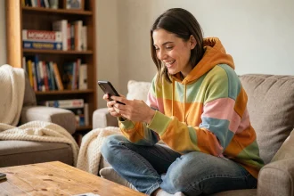 Jeune femme souriante qui récupère des liens gratuits Monopoly GO sur son smartphone lors d'un événement spécial 2026
