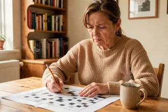 Femme concentrée résolvant des mots fléchés à la table de cuisine avec un crayon et un café