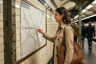 Jeune femme consultant le plan du métro parisien sur le quai d'une station, traçant son itinéraire avec le doigt