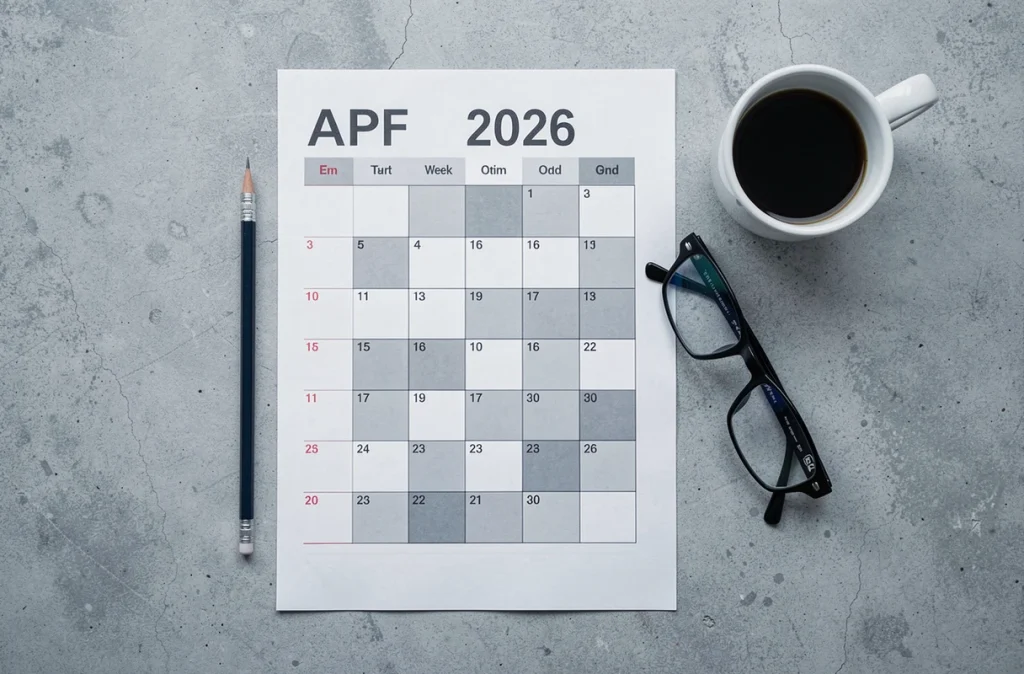 Vue de dessus d'un calendrier PDF 2026 imprimé avec numéros de semaines paires et impaires sur bureau en béton