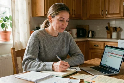 Femme gérant le budget familial avec un carnet et un ordinateur portable sur une table de cuisine en bois