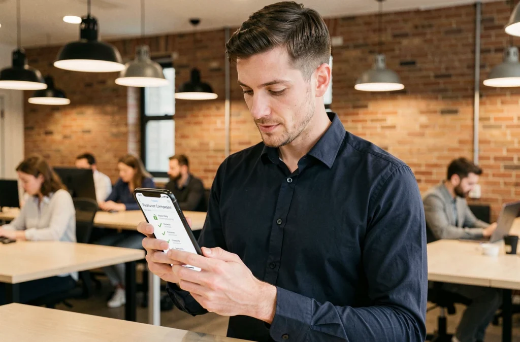 Homme consultant une comparaison de fonctionnalités entre abonnement gratuit et premium sur son smartphone dans un espace de coworking