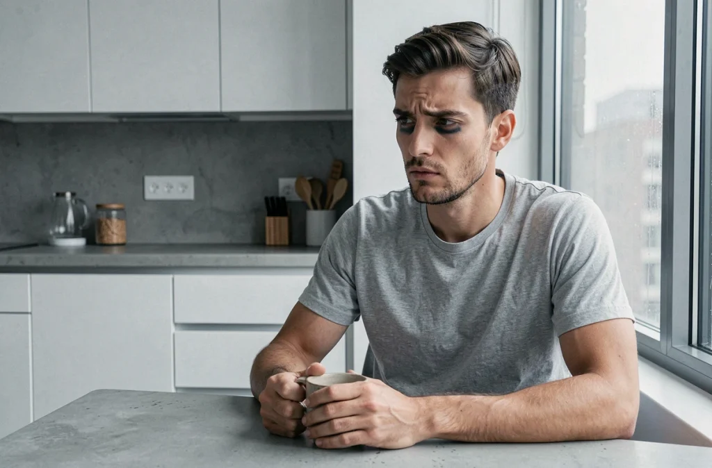 Homme pensif tenant une tasse de café dans sa cuisine, symbolisant l'anxiété et l'isolement liés à la gestion du regard des autres sur les plateformes numériques