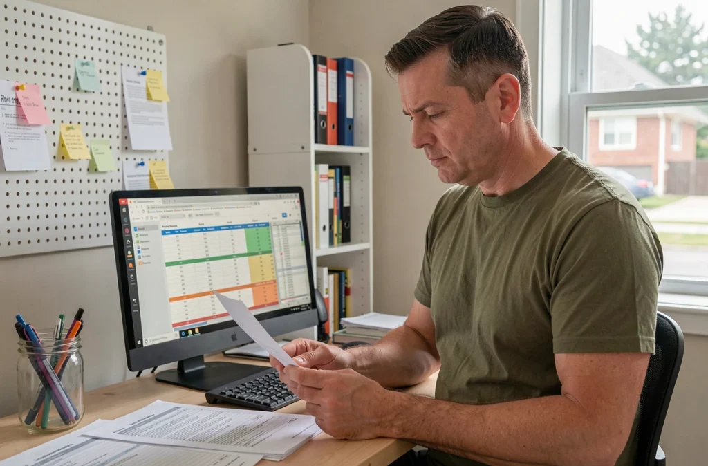 Homme consultant un tableau de budget familial sur ordinateur dans un bureau à domicile organisé