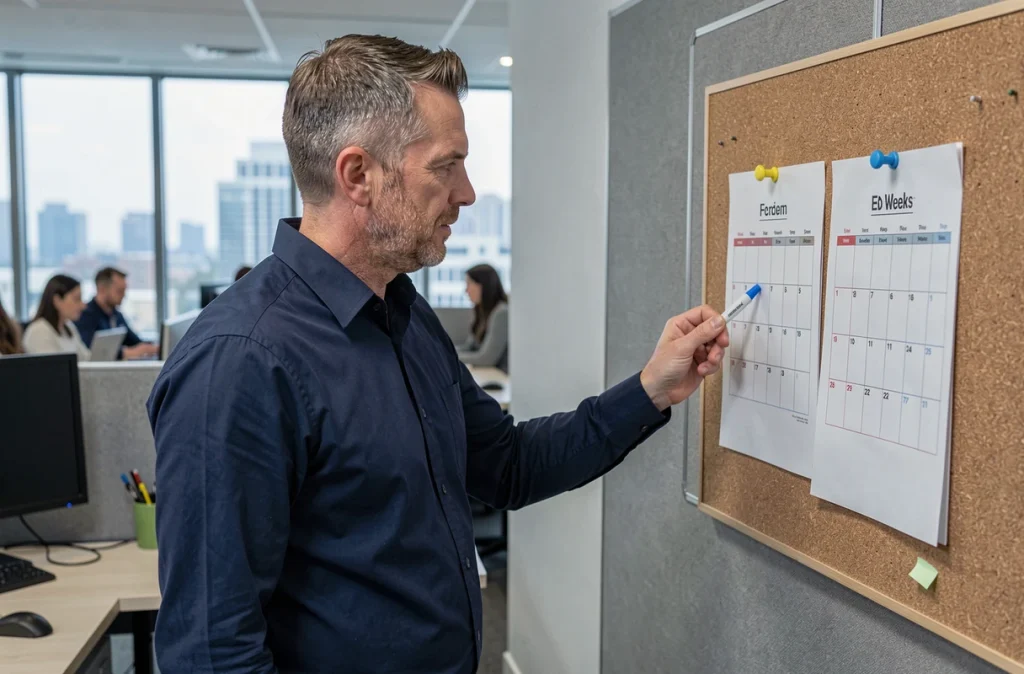 Homme consultant un calendrier imprimé semaines paires et impaires 2026 dans un bureau professionnel