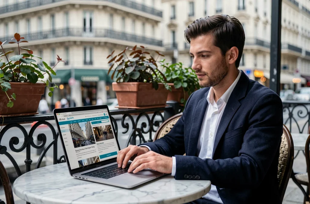Homme consultant un classement de villes idéales sur un ordinateur portable en terrasse de café