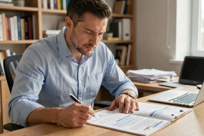 Homme lisant attentivement un contrat d'assurance emprunteur à son bureau à domicile