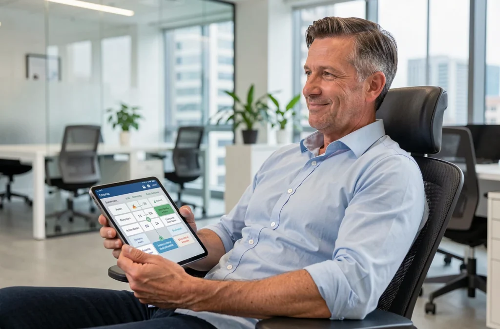 Homme en pause déjeuner jouant à Cemantrix sur tablette dans un bureau moderne