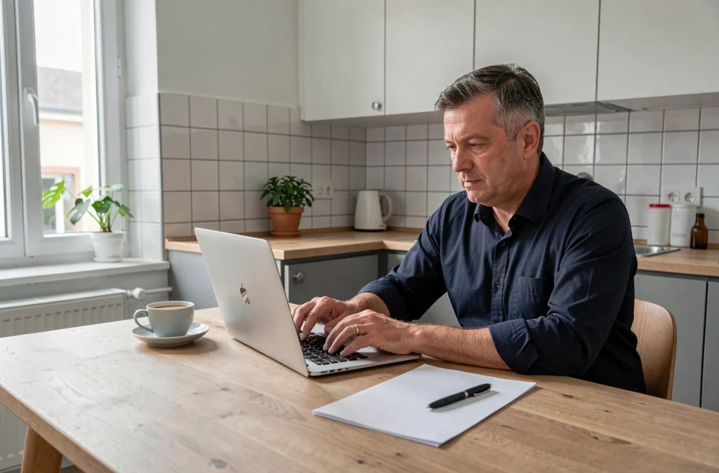Homme remplissant une attestation d'hébergement en ligne sur un ordinateur portable dans une cuisine moderne