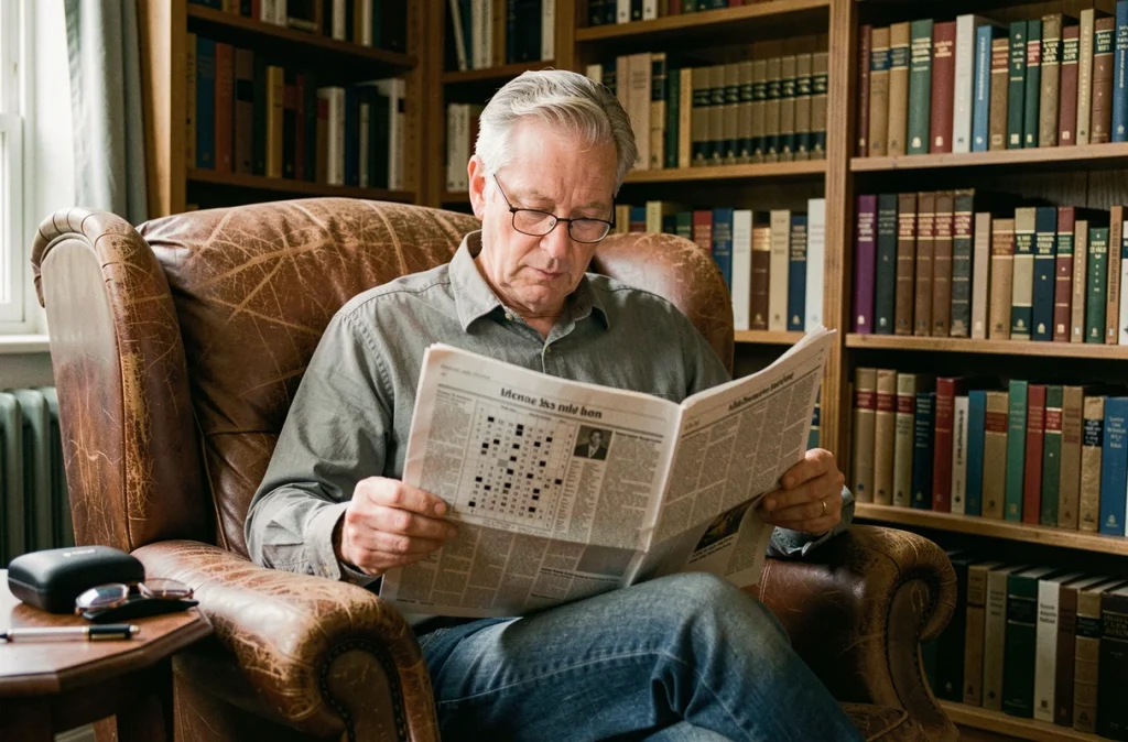 Homme senior avec lunettes résolvant des mots fléchés dans un journal dans une bibliothèque à domicile
