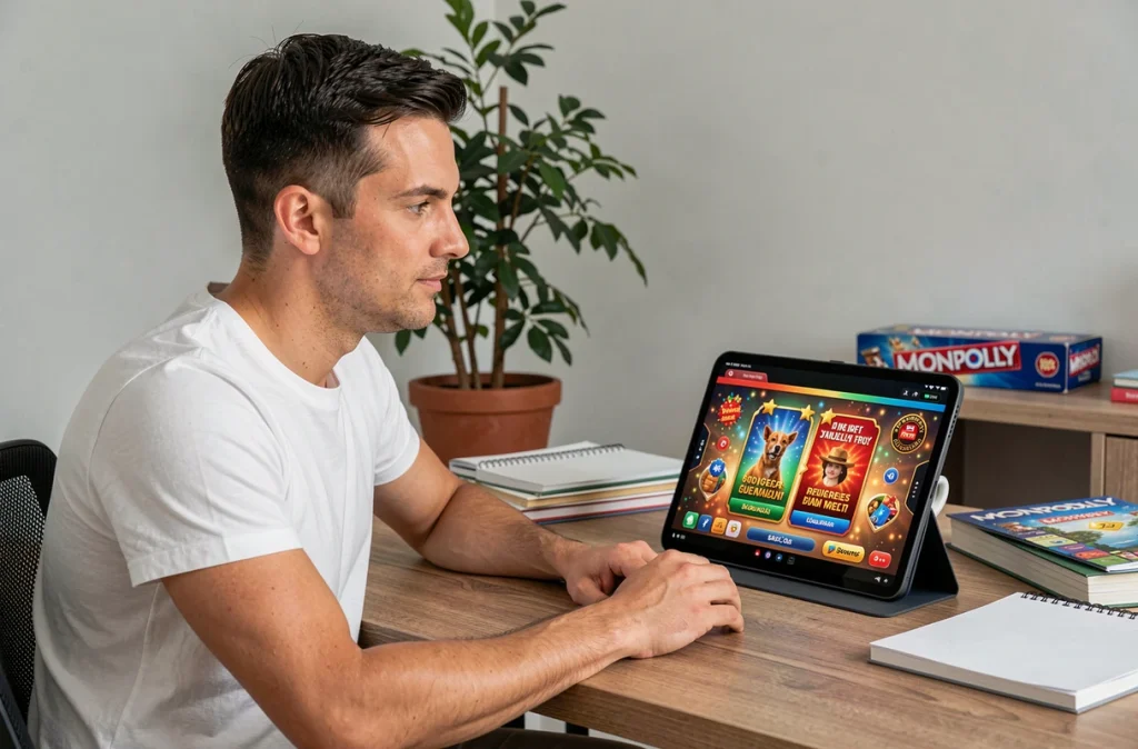 Homme utilisant une tablette pour accéder aux liens événements spéciaux Monopoly GO gratuits en 2026 depuis son bureau