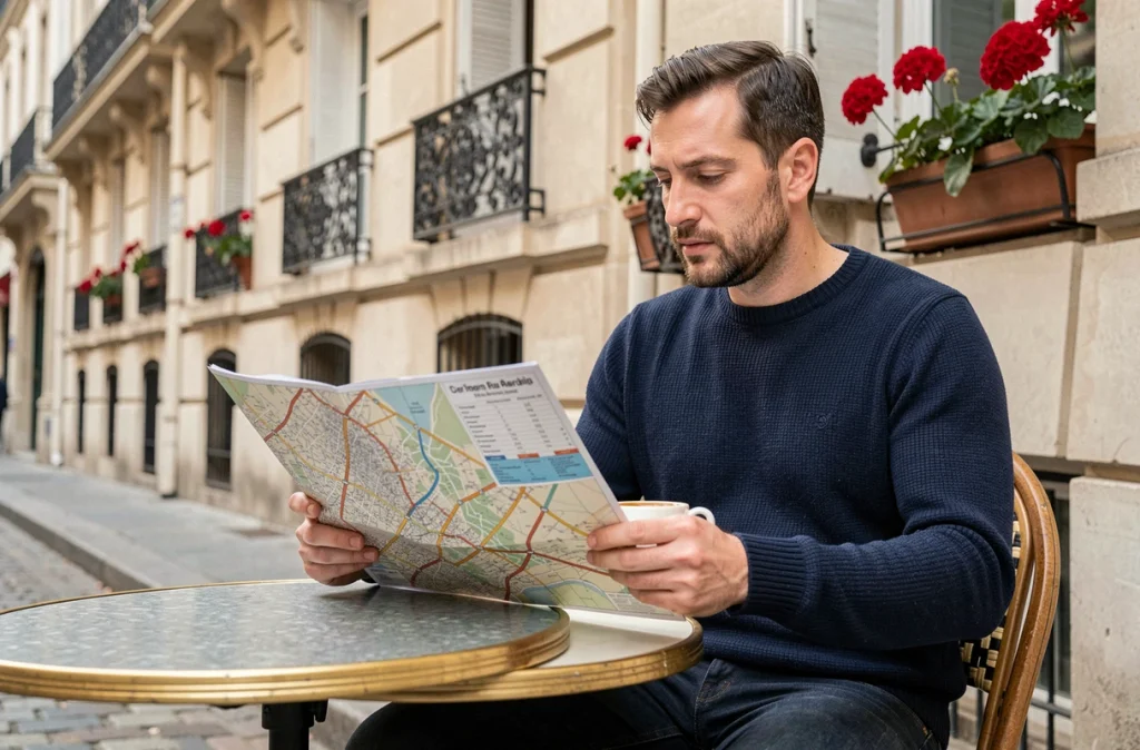 Homme en terrasse de café parisien consultant un plan du métro de Paris pour organiser ses sorties culturelles