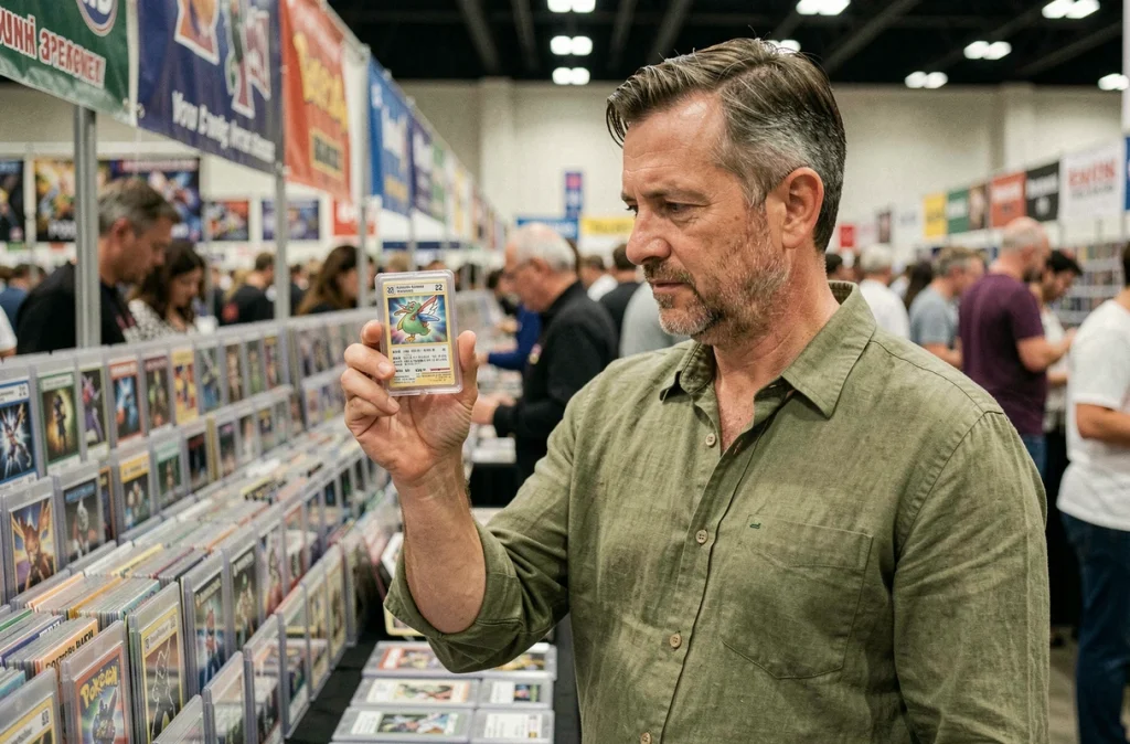 Collectionneur inspectant une carte Pokémon gradée dans son étui rigide lors d'un salon de cartes à collectionner