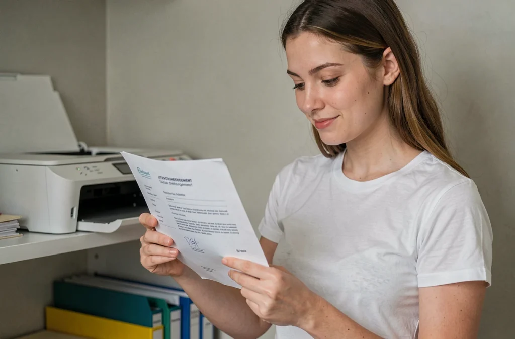 Jeune femme tenant une attestation d'hébergement PDF imprimée devant une imprimante domestique