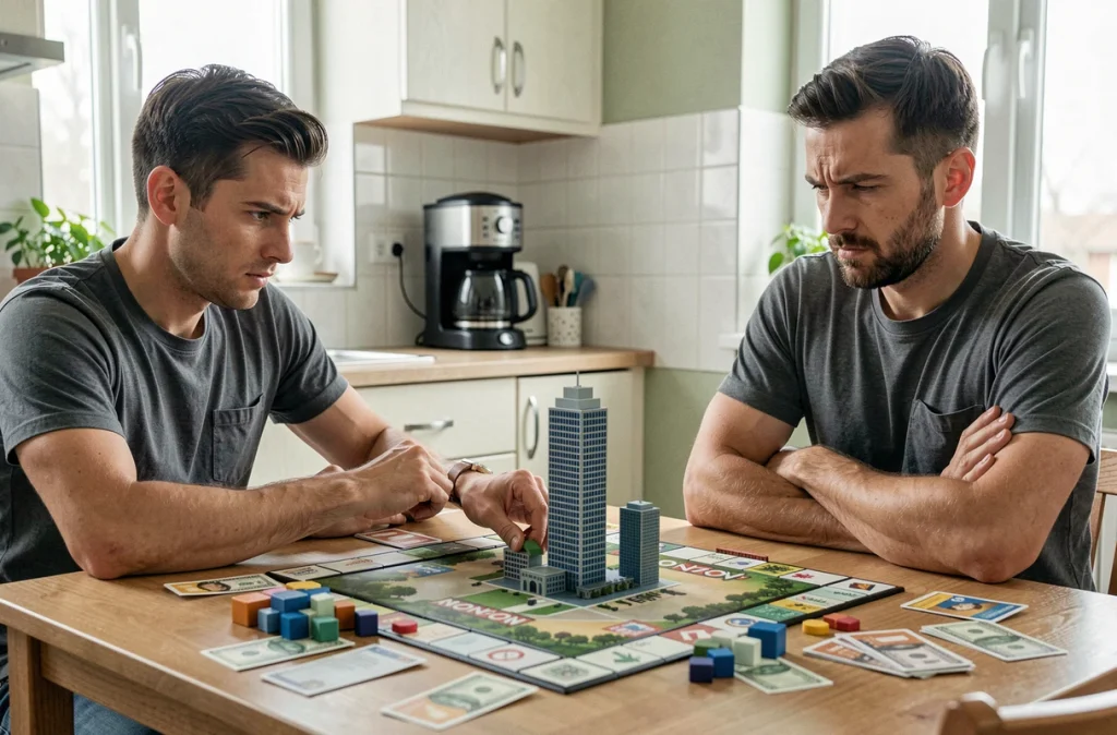 Deux joueurs en compétition autour d'un plateau de Monopoly City dans une cuisine moderne, l'un plaçant un gratte-ciel sur une propriété