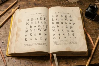 Livre alphabet français vintage ouvert montrant lettres et accents sur un bureau en chêne ancien