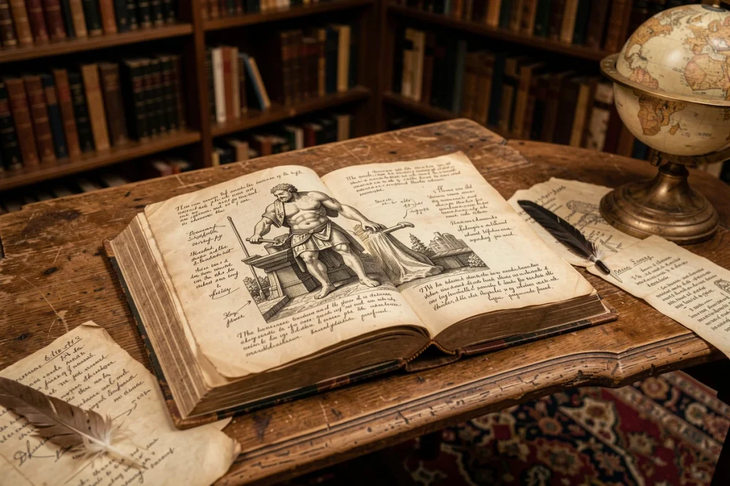 Livre de mythologie ouvert montrant une gravure de Vulcain boiteux avec annotations sur un bureau de bibliothèque