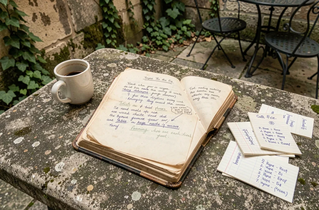 Livre de poésie vintage ouvert avec annotations manuscrites et listes de rimes posé sur une table en béton dans une cour parisienne