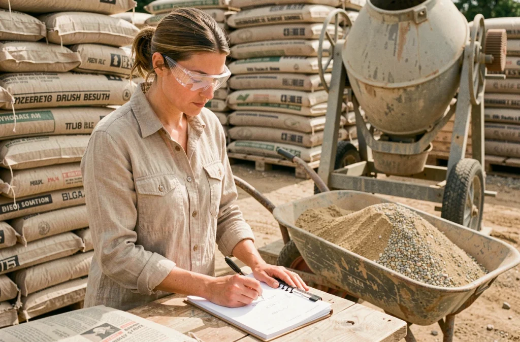 Femme prenant des mesures de volume sur un carnet à côté de sacs de sable et de gravier dans un dépôt de matériaux