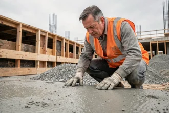 Ouvrier du bâtiment examinant une dalle de béton fraîchement coulée sur un chantier de construction extérieur