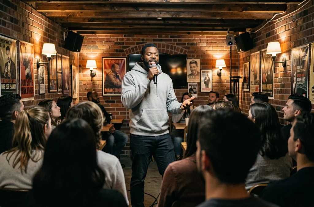 Artiste de slam poésie en performance sur scène dans un café underground devant un public attentif, microphone à la main