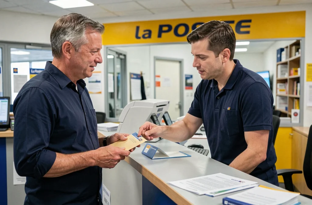 Client et employé La Poste discutant du bon emplacement du timbre sur une enveloppe rembourrée au guichet
