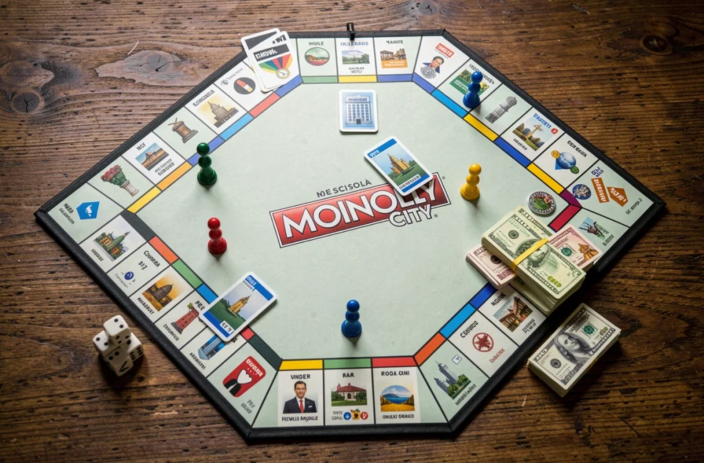 Vue en plongée d'un plateau de Monopoly City en cours de partie avec billets, dés, pions et immeubles miniatures disposés stratégiquement