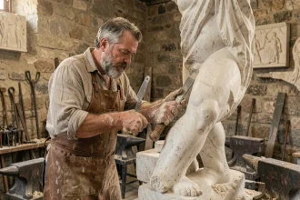 Sculpteur taillant une statue de Vulcain boiteux dans un atelier de style antique romain